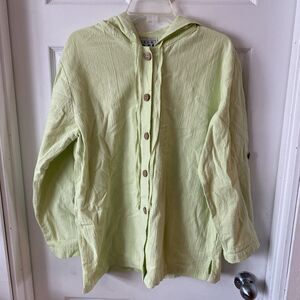 Keren Hart Hooded Long Sleeve Button Up Top Women’s  Medium Green VTG Pockets